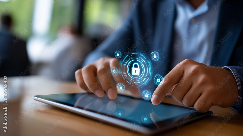 Fototapeta premium Faceless businessman using tablet for home office security showcasing digital safety measures and cybersecurity solutions for remote work environments with data protection and onli