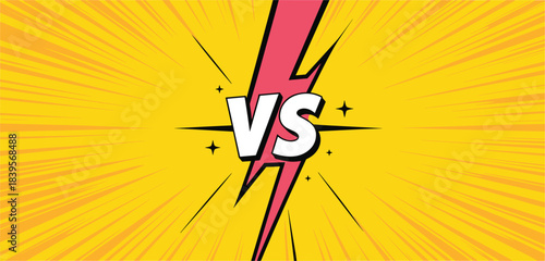 Energetic comic style versus battle background featuring bold lightning bolt, vibrant yellow rays, dynamic burst effect, competitive matchup concept design for creative graphic projects