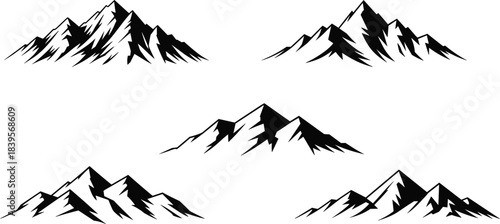 Collection of rugged mountain silhouette illustrations featuring sharp alpine peaks and natural landscape shapes for outdoor adventure designs, logos, branding, and nature-themed artwork