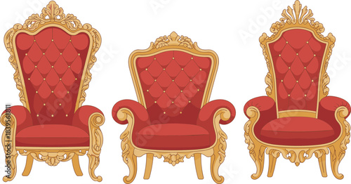 Set of three luxurious ornate royal chairs with gold carved frames and red tufted upholstery, illustrated in elegant classic furniture style for interior decor themes