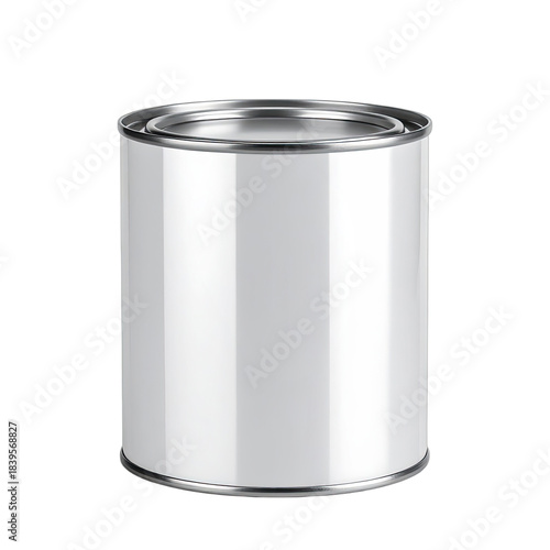 A photorealistic rendering of a blank, white paint can with metallic trim isolated on a black background.
