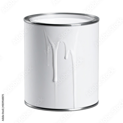 A white paint can with drips running down its side against a black background.
