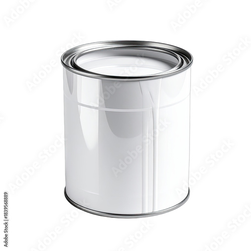 A glossy, white paint can with a silver rim sits isolated on a black background.
