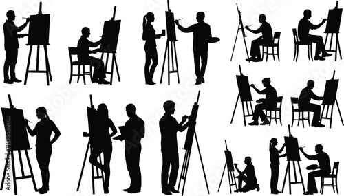Artist painting silhouette set featuring painters at easels, creative artwork poses, drawing and painting figures, artistic hobby illustrations, studio art scenes