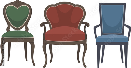 Collection of elegant vintage and modern chairs in decorative furniture illustration, showcasing classic seating designs, stylish interior decor elements, and antique chair aesthetics for home design