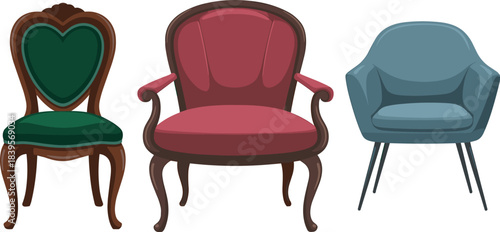 Collection of vintage and modern chairs in elegant furniture illustration, showcasing classic wooden seating, upholstered armchairs, and stylish interior decor elements for home design