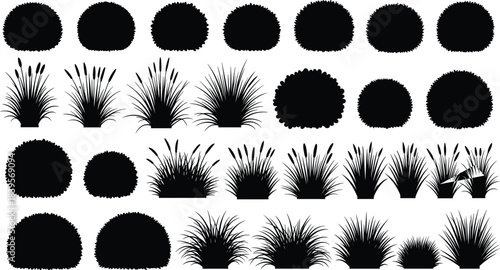 Bush and grass silhouette collection with shrubs, foliage, garden plants, landscape elements, decorative bushes, wild grass vector bundle for design