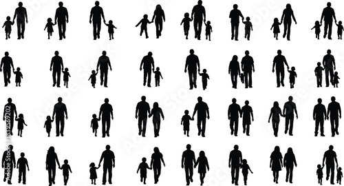 Family silhouette icons set featuring parent and child walking, parenting moments, family relationships, togetherness symbols, father mother children figures