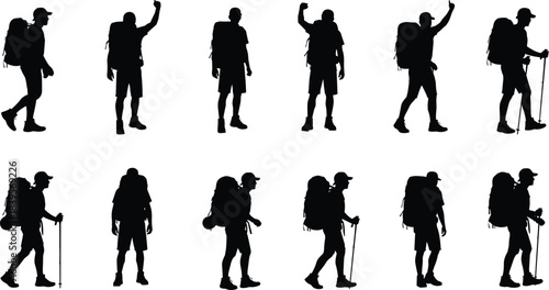 Hiker silhouette set of backpackers walking and trekking, outdoor adventure explorers with gear, hiking poses collection for travel, camping design use