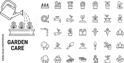 Garden care icons set featuring plants, watering, gardening tools, soil cultivation, tree planting, nature elements, horticulture activities, outdoor growth and maintenance