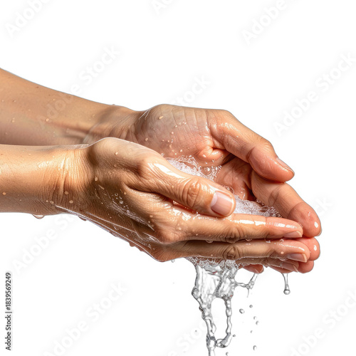 Close-up of hands washing with soap and water against a dark background.