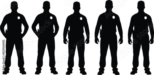 Police officer silhouette set featuring law enforcement figures, security personnel, patrol stance, authority symbols, protective services, and professional uniformed officers