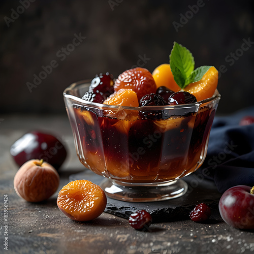 Delicious dried fruit compote in a glass bowl with mint garnish