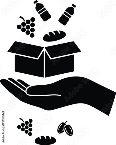 Open box with objects flying out held by a hand