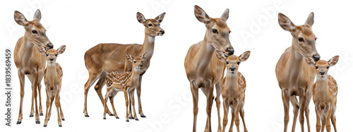 Set of Doe with baby isolated,  deer with its baby fawn, roe deer fawn with  mother, Baby white tail deer fawn with mother PNG