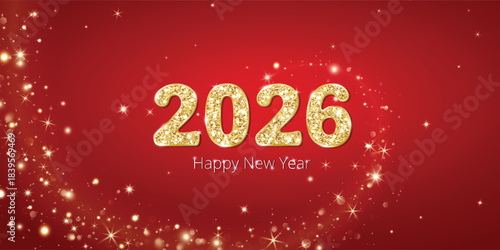 New year 2026 gold numbers on red glow trail background for Chinese and Western new year celebrations, great for festive banners, posters and social media headers.