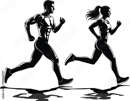 Running athlete silhouette illustration of man and woman jogging, fitness workout duo, sports training runners, marathon exercise graphic design art