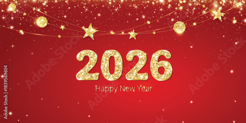 New year 2026 gold glitter numbers on red background with festive glitter decor and star garland glow. Ideal for Chinese and Western new year banners, posters, greetings and holiday promotions.