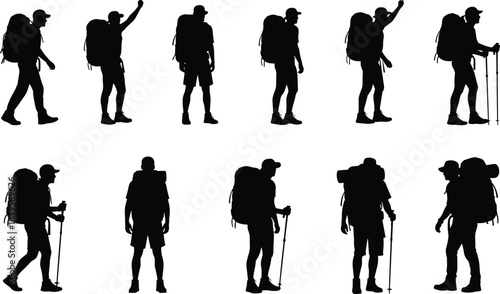 Silhouette collection of hikers walking with backpacks and trekking poles, outdoor trekking adventure poses for camping, travel, hiking, and exploration themes.