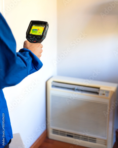 Engineer performing thermal imaging inspection for heat loss
