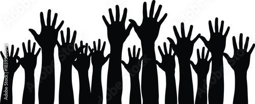 Silhouette of raised hands in crowd symbolizing unity, volunteering, community support, teamwork, activism, celebration, participation, freedom, equality, and human connection