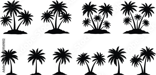 Tropical palm tree silhouettes set featuring island scenery, coconut trees, beach elements, summer nature illustrations, exotic landscape icons and vacation themes