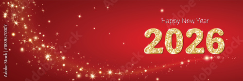New year 2026 gold digits on red background with golden glow. For Chinese and Western new year events, ideal for festive posters, web banners and social media promotion.