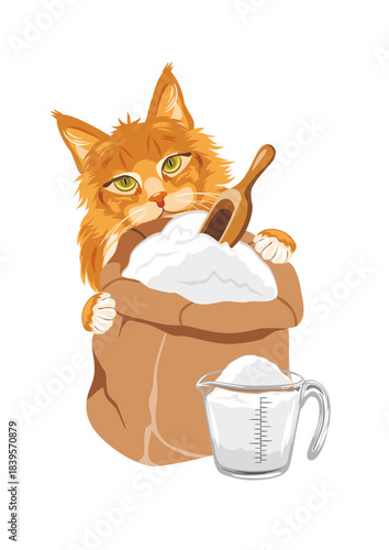 Ginger cat is peeking out from behind the bag of flour