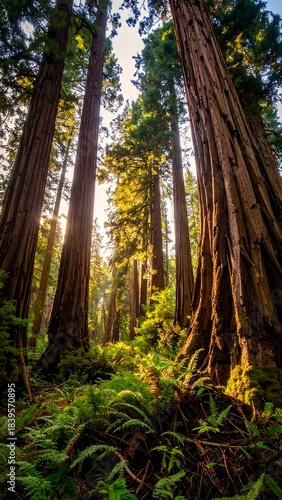 A sunlit forest path with tall trees and lush ferns growing below, evokes a feeling of natural tranquility