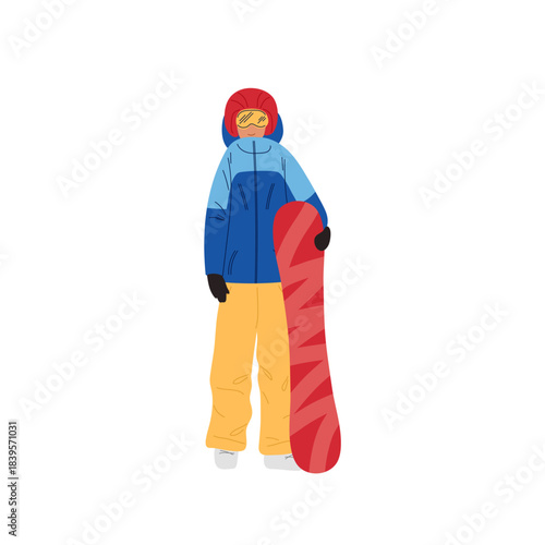 Snowboarding gear. Person Wearing Winter Clothing with Jacket, Hat, board. Standing in Snowy Area During Cold Season. Winter sport