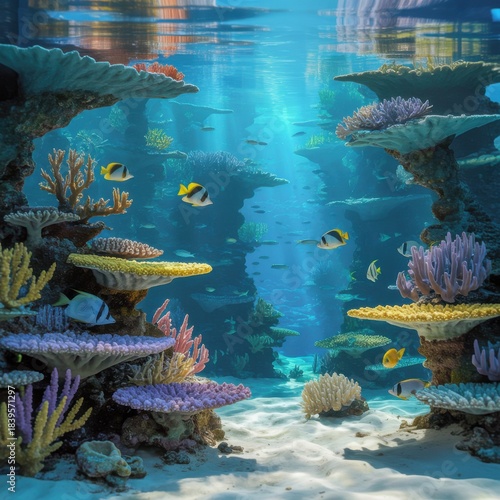 Vibrant coral reef teeming with colorful fish and marine life