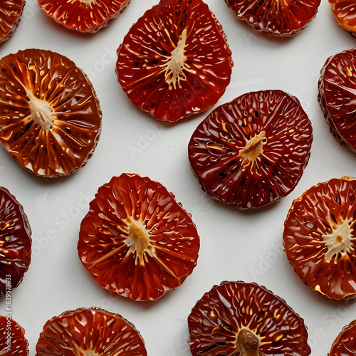 Dried strawberries arranged beautifully on a light background