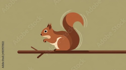 Animated Cartoon Squirrel Wags Its Fluffy Tail on a Branch.