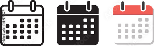 Calendar set three versions line icon solid fill and flat design vector illustration