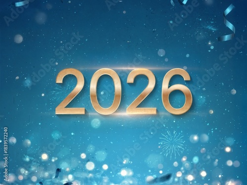Stylish, elegant New Year 2026 image with golden lettering, fireworks and stars on blue background. Design for greeting cards, calendars, blogs, digital wallpapers social media projects, illustrations