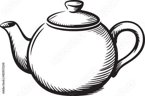 Vintage round teapot for brewing tea woodcut style drawing black outline vector illustration isolated transparent