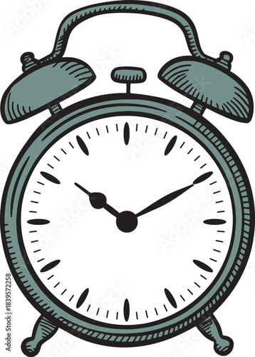 Vintage style vector illustration of classic alarm clock with bells and hands on face