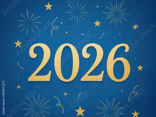 Elegant, stylish, minimalistic New Year 2026 poster with golden lettering on blue background. Design for calendars, illustrations, wallpapers, social media posts, blogs