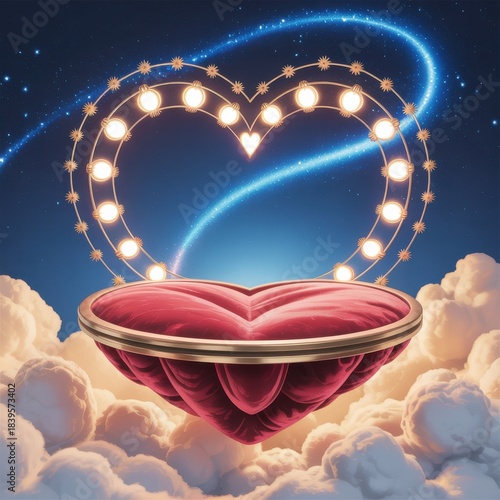 Red velvet heart platform floating on clouds under starry sky