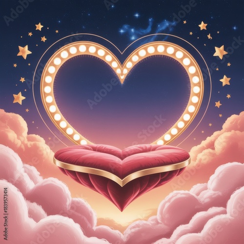 Red heart platform on pink clouds under starry sky