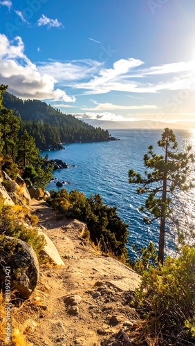 Scenic shoreline trail with trees and water, under a sunny sky with some clouds, during golden hour