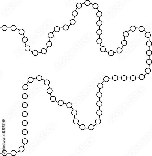 Circular nodes move in sequence along a route that forms structured bends.