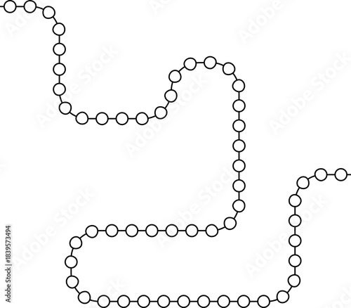 Circular nodes progress along a flow pattern that turns across routed arcs.