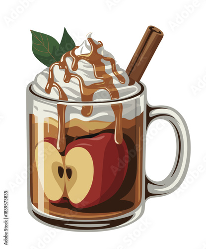 Modern vector illustration of a hot apple drink with whipped cream caramel drizzle and cinnamon stick in a clear glass mug on transparent background
