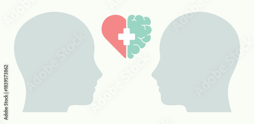Mind, mental health, wellness, emotion, human, medicine, opposite, heart, brain, intelligence, thought. Positive, therapy, healing, care, well-being. Set, vector, icon