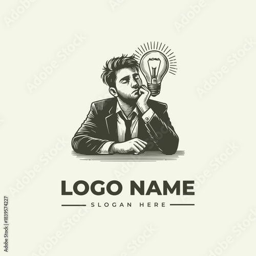 Engraving vector illustration logo: pensive man conceiving an idea for business innovation.
