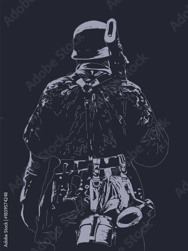 
A soldier in a World War II uniform with a carbine slung over his shoulder. Hand-drawn vector illustration in gray tones on a dark background.