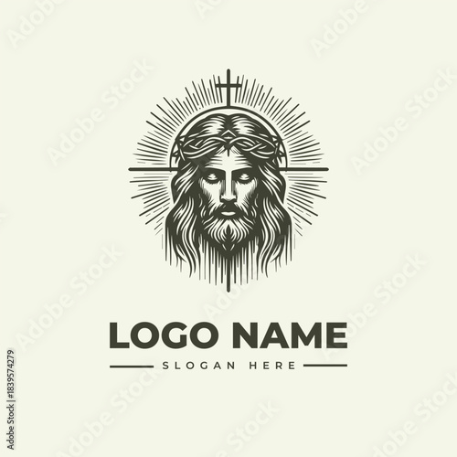 Iconic Christ figure vector logo illustration featuring a classic engraving style, radiating light.