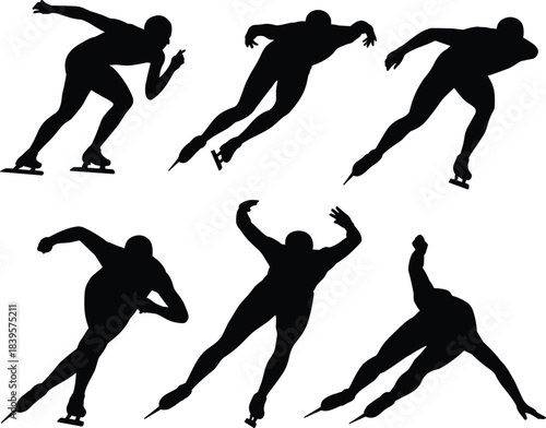 Speed skating athlete silhouettes in dynamic racing poses, vector illustration set for winter sports, competition, ice skating performance, athletic movement, training and professional sport design