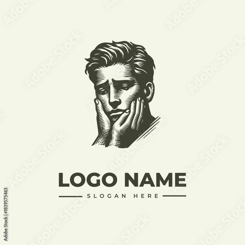 Engraping vector illustration of a pensive man's face, a compelling logo concept